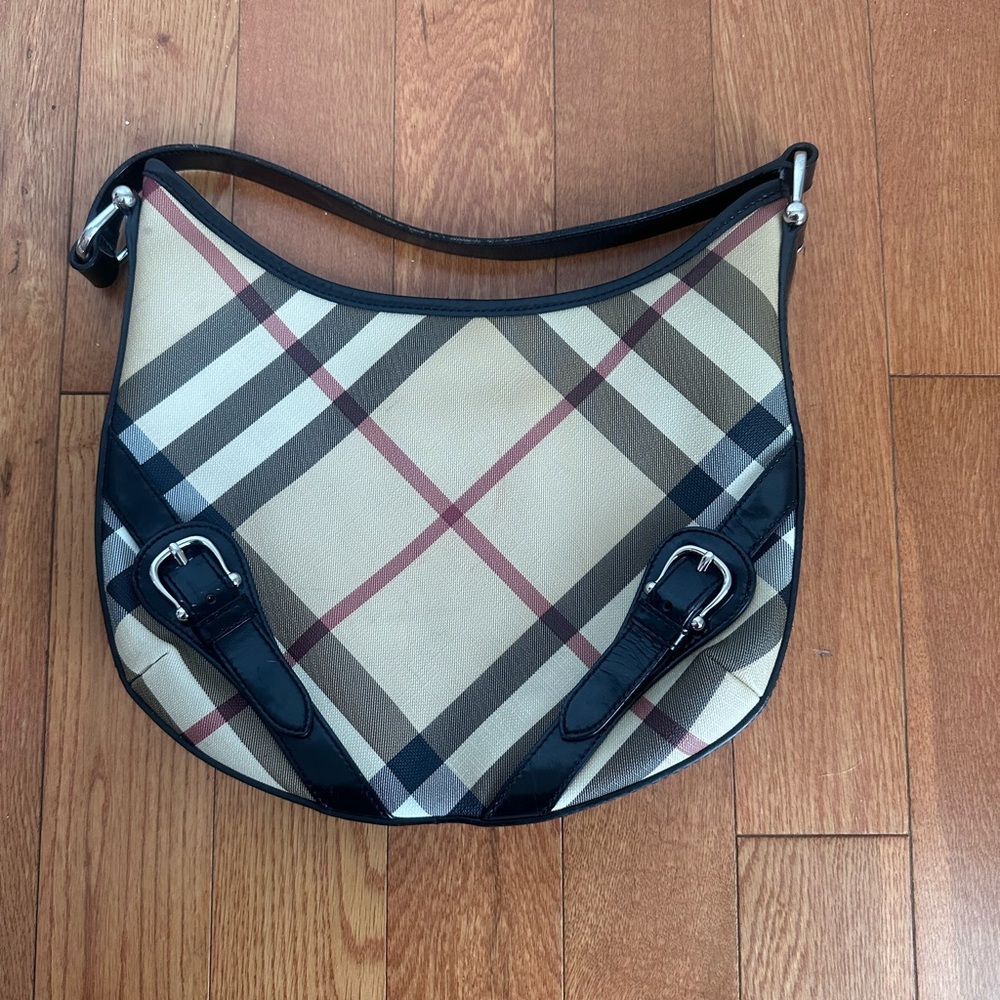 BURBERRY Large Larkin Hobo Handbag Tan SuperNova Check Black Patent - Picture 8 of 9